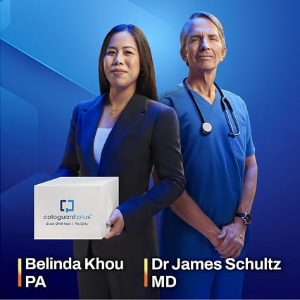 Belinda Khou, PA, holding a Cologuard Plus™ test kit box, standing next to Dr James Schultz, MD.
