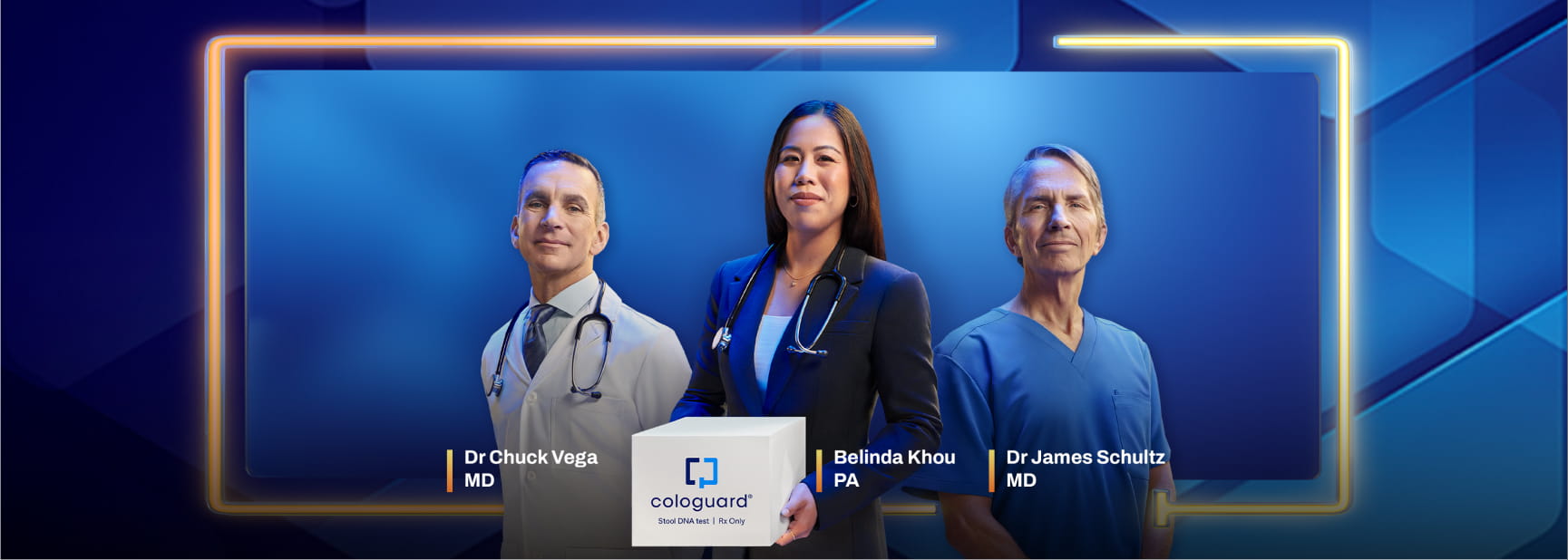 Three healthcare professionals, including two doctors and a physician assistant holding a Cologuard box, against a blue background.